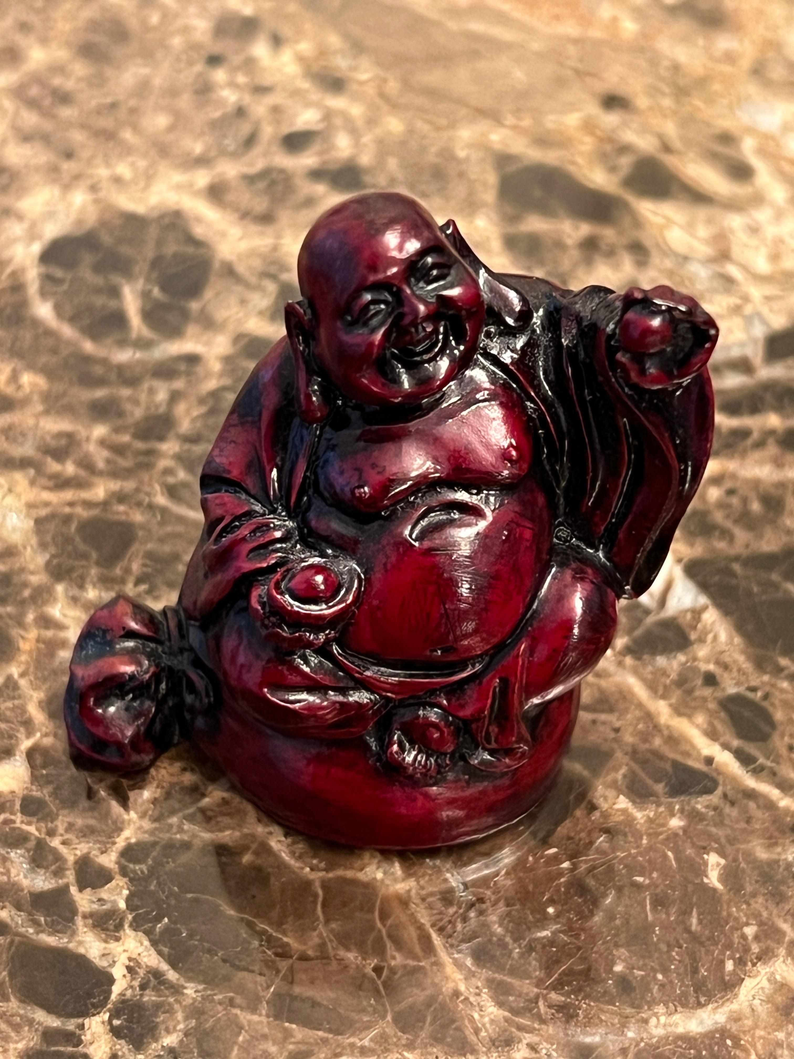 Vtg Red Resin Laughing Buddha Statue Miniature Laughing Hotei Feng Shui, 2"