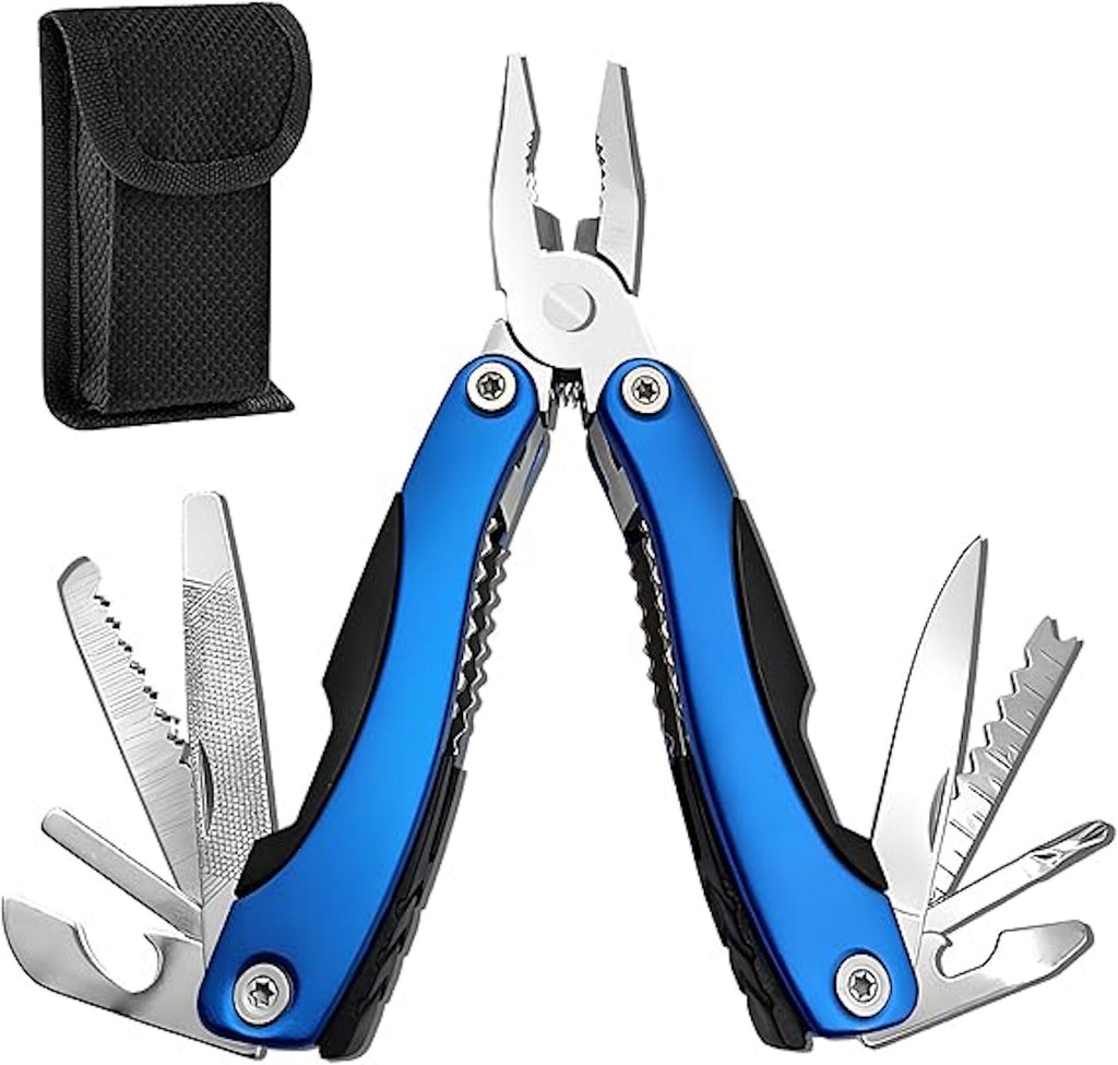 12-in-1 Compact Multi-Tool Pliers | Blue Aluminum Handle | Stainless Steel Survival EDC
