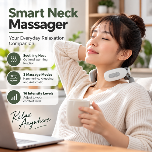 4-Head Heated Neck and Shoulder Massager – 3 Massage Modes, 16 Intensity Levels & USB Rechargeable