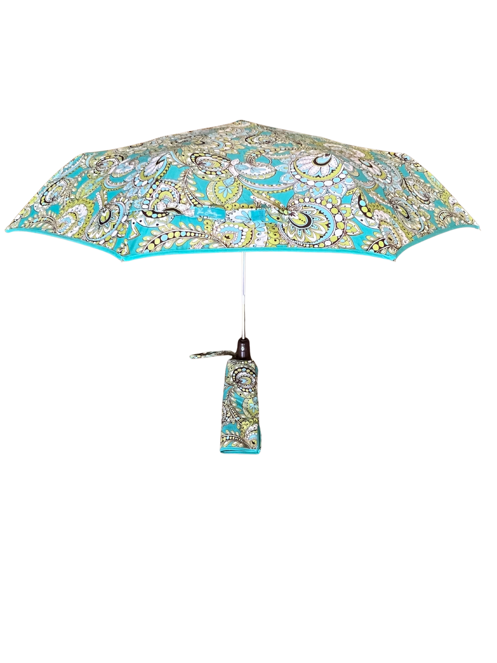 Vera Bradley Umbrella Auto Open Peacock Pattern Teal Blue Lime Compact Rain 38"