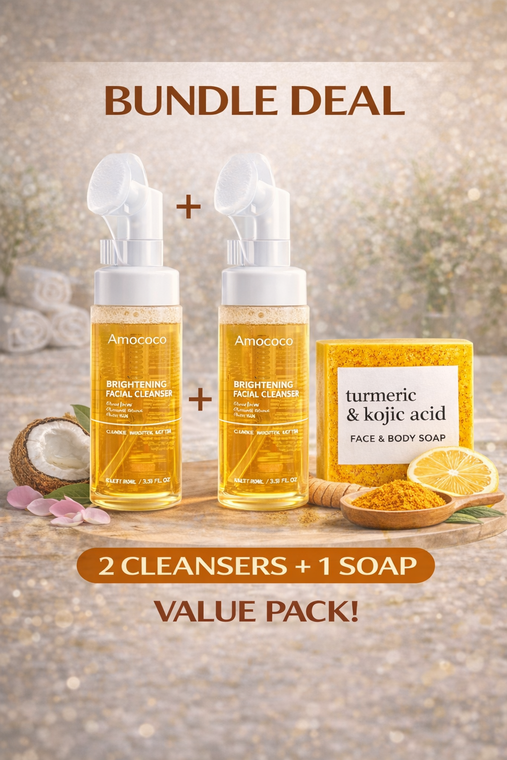 Ultimate 3-Piece Turmeric & Kojic Acid Skincare Bundle - 2 Brightening Facial Cleansers + 1 Face & Body Soap