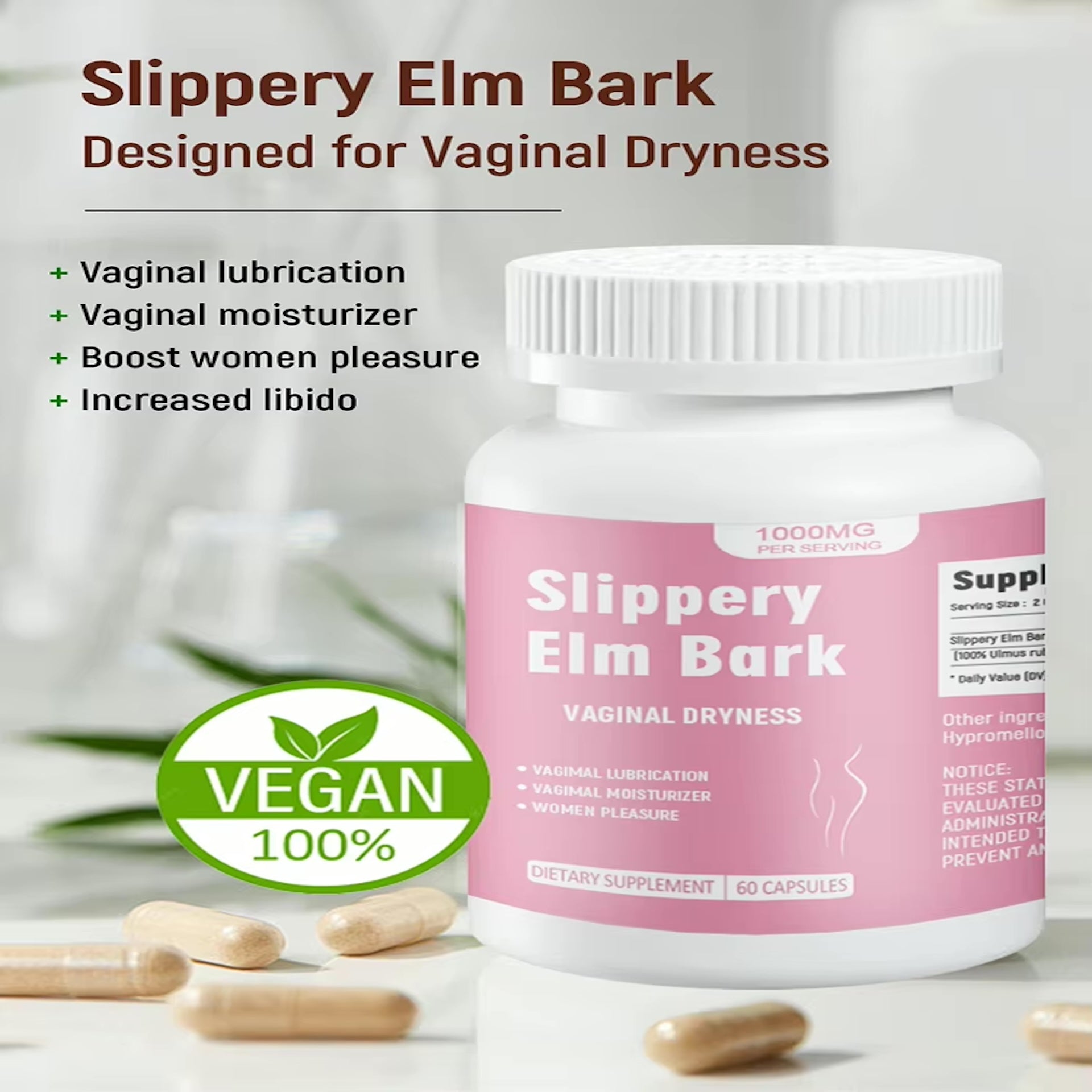 Slippery Elm Bark Capsules for Vaginal Health - 1000mg - 60 Count