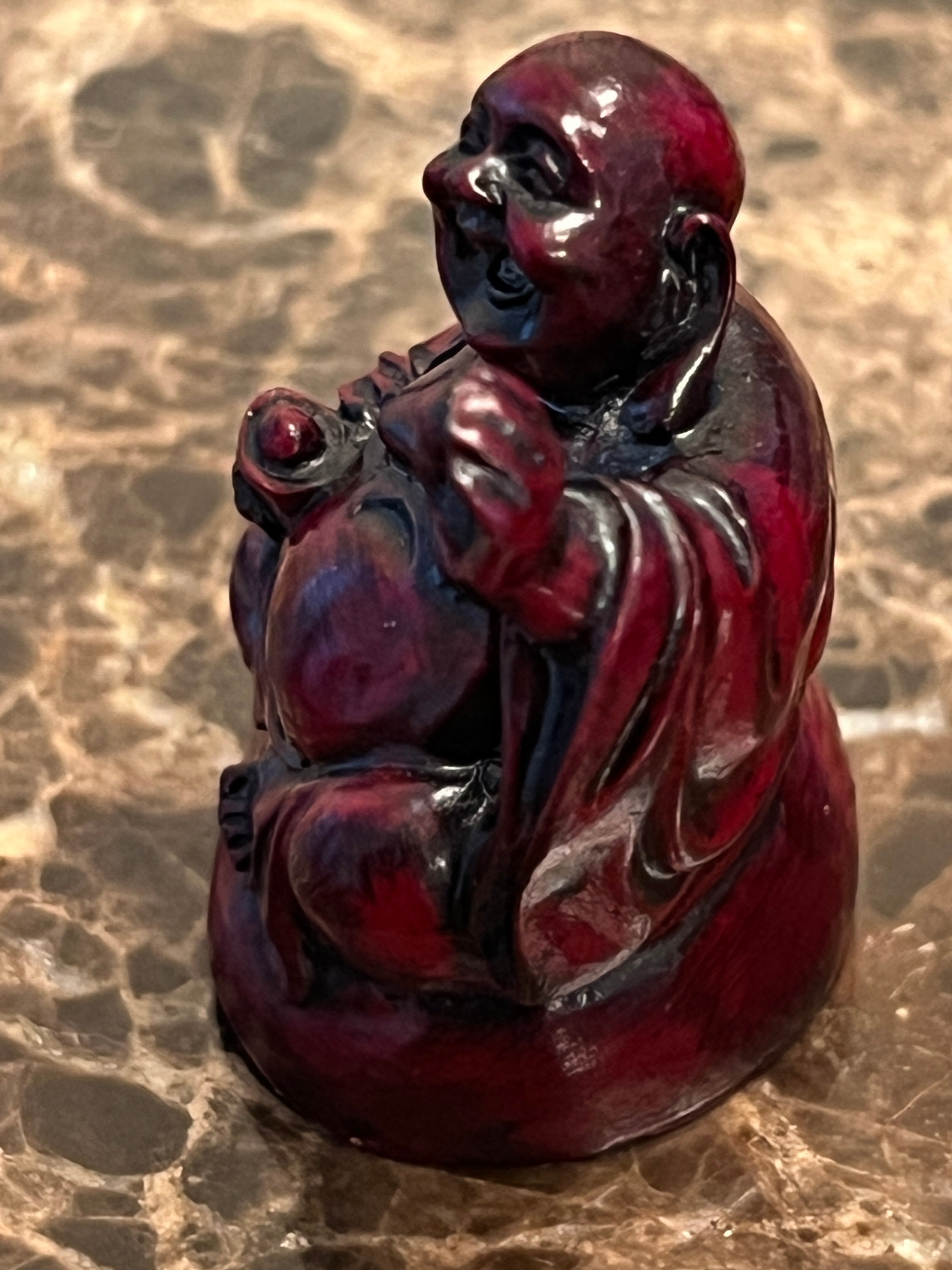 Vtg Red Resin Laughing Buddha Statue Miniature Laughing Hotei Feng Shui, 2"