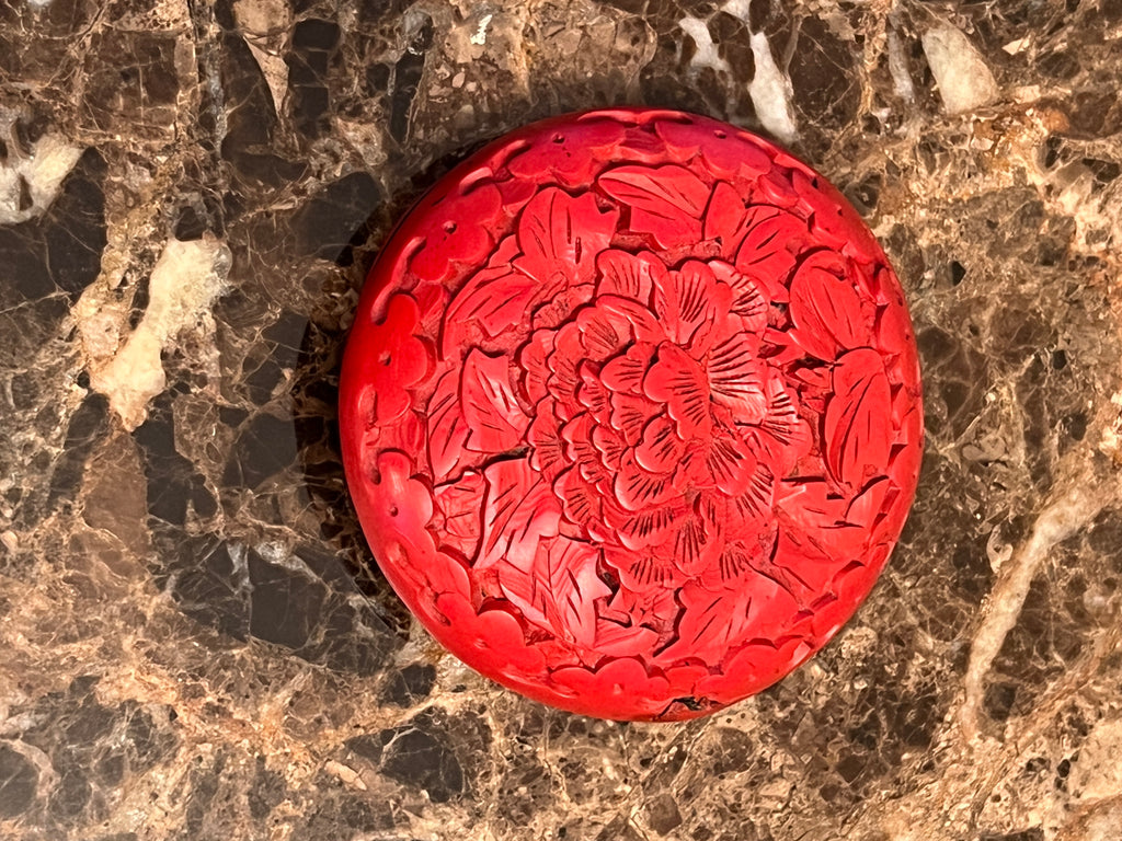 Vintage Chinese Hand-Carved Round Cinnabar Lacquer Trinket Box: Peony of Prosperity