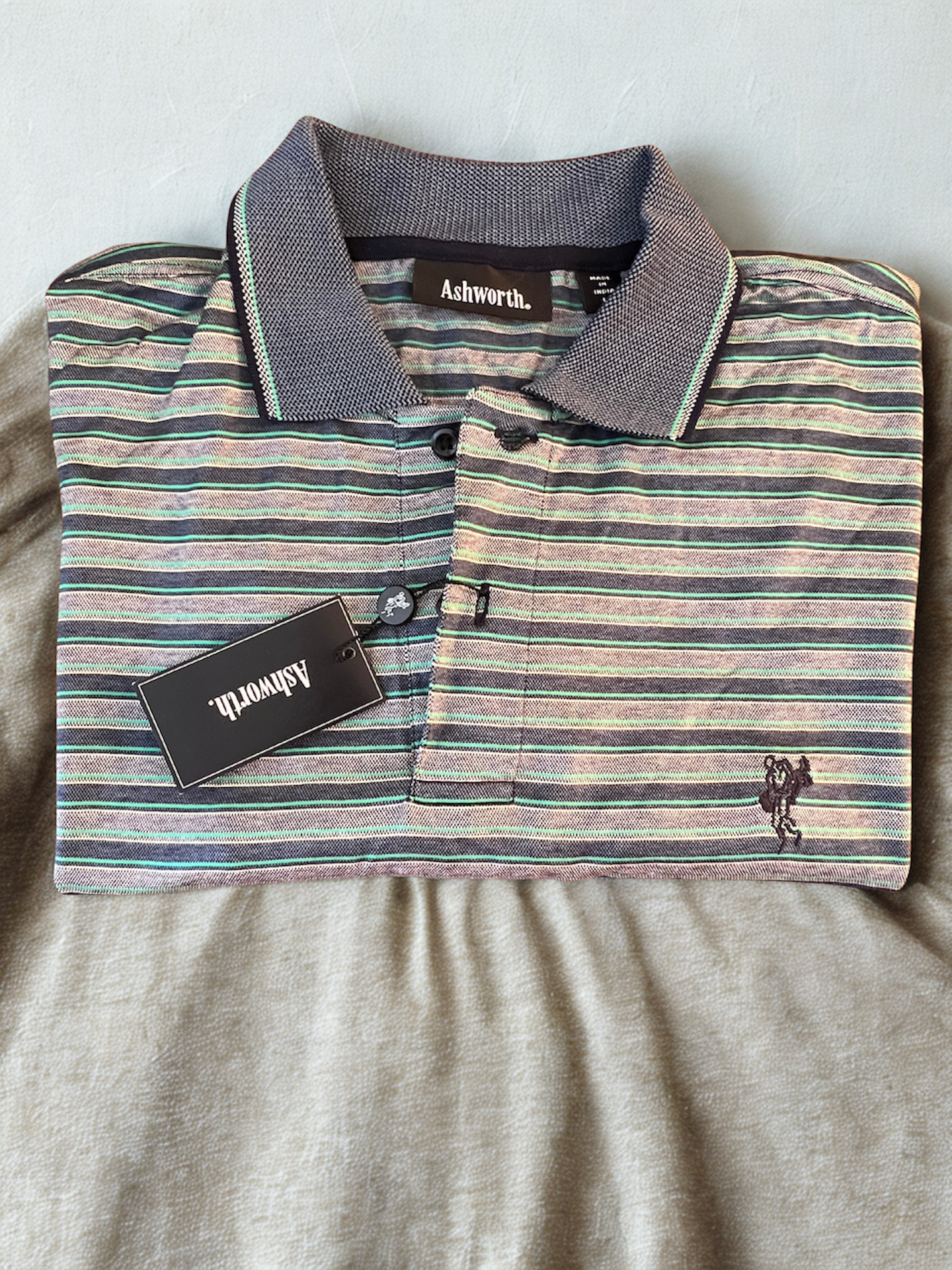 Ashworth NWT Vintage Signature Striped Polo | Double Mercerized Cotton | Blue, Green & White (Men's Large)