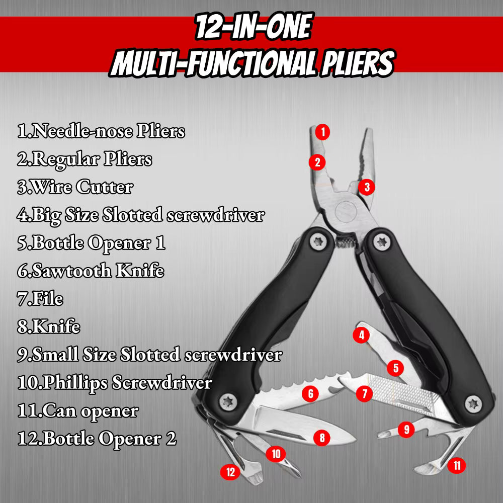 12-in-1 Compact Multi-Tool Pliers | Blue Aluminum Handle | Stainless Steel Survival EDC