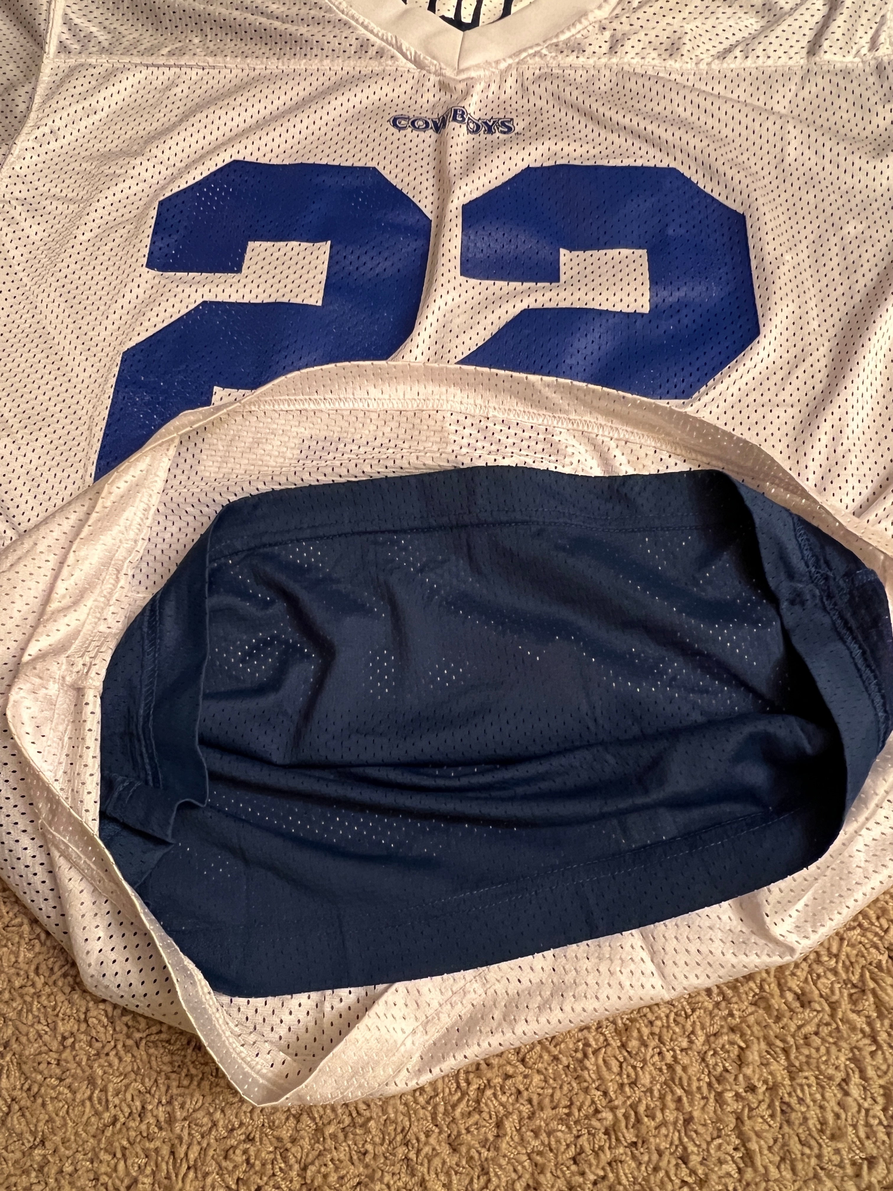 Iconic 90s Vintage Dallas Cowboys Emmitt Smith #22 Starter Jersey - White/Blue Mesh (Size 48/L)