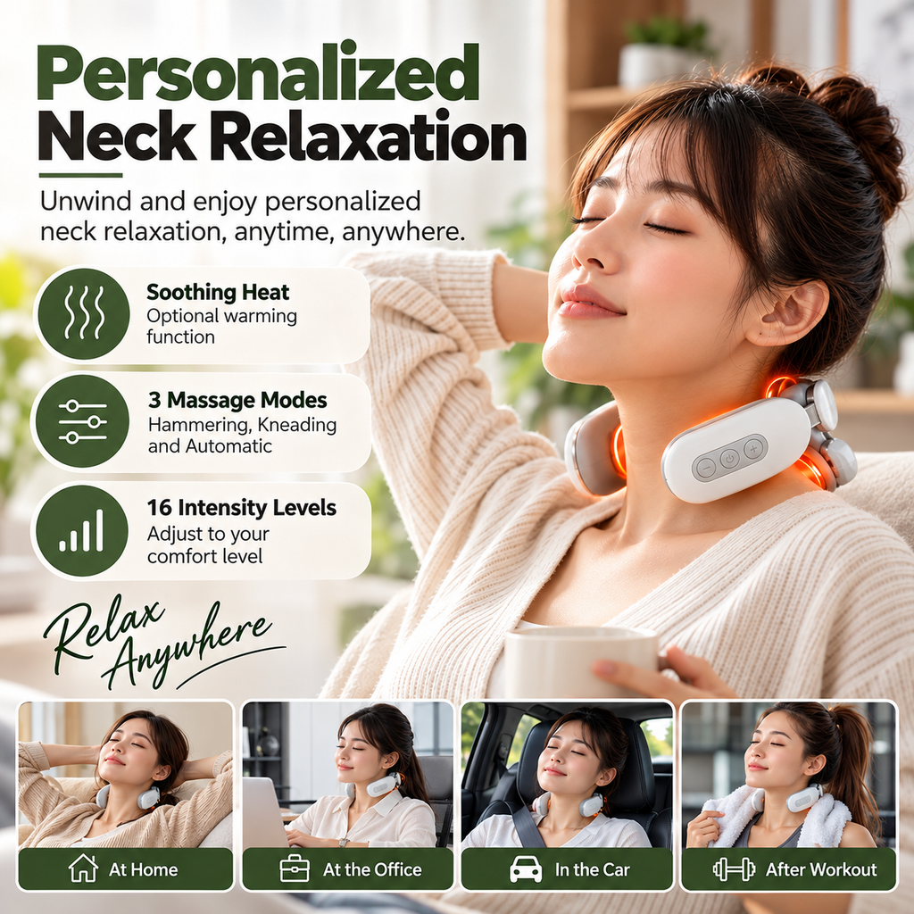4-Head Heated Neck and Shoulder Massager – 3 Massage Modes, 16 Intensity Levels & USB Rechargeable