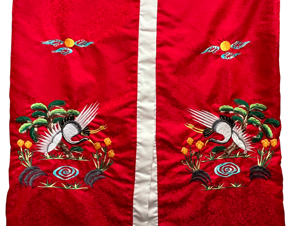 Vintage Red Embroidered Crane Kimono Robe, Crimson Floral Jacquard Satin Robe, Full Length Asian Inspired Dressing Gown
