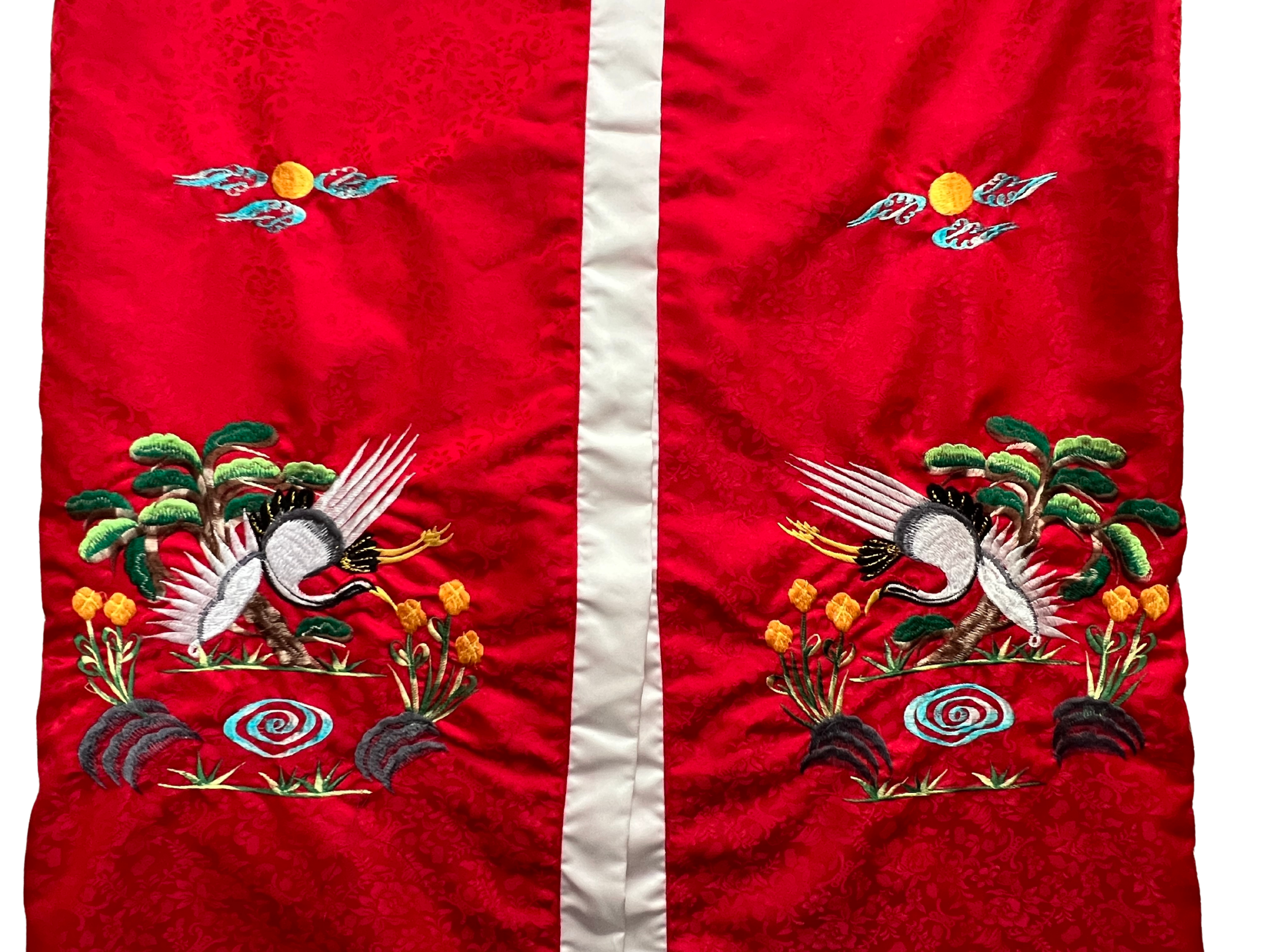 Vintage Red Embroidered Crane Kimono Robe, Crimson Floral Jacquard Satin Robe, Full Length Asian Inspired Dressing Gown