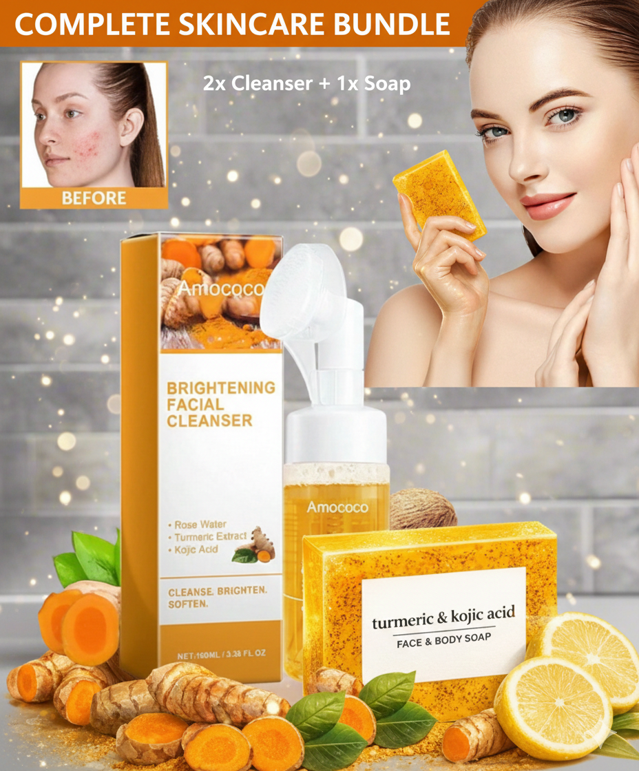 Ultimate 3-Piece Turmeric & Kojic Acid Skincare Bundle - 2 Brightening Facial Cleansers + 1 Face & Body Soap