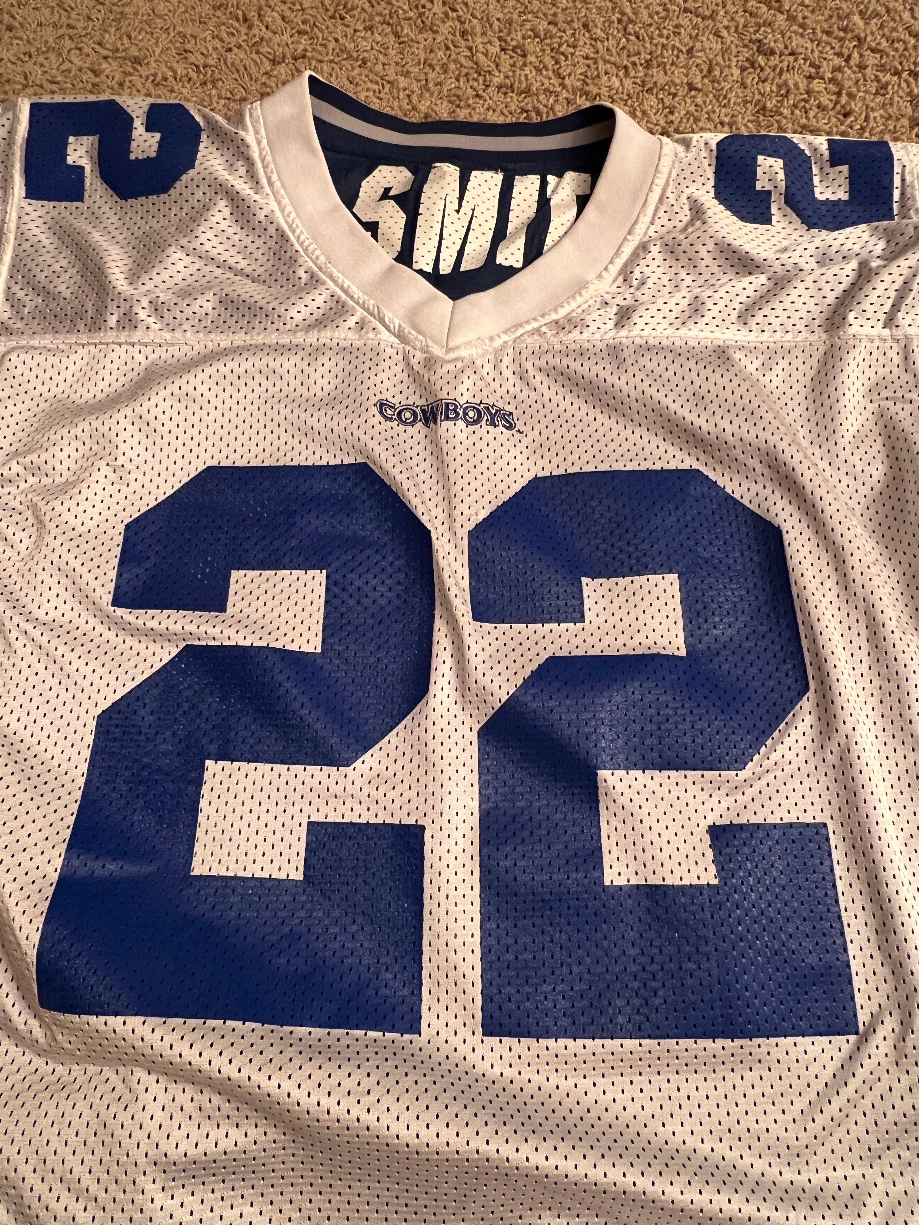 Iconic 90s Vintage Dallas Cowboys Emmitt Smith #22 Starter Jersey - White/Blue Mesh (Size 48/L)