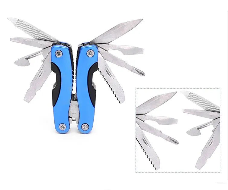12-in-1 Compact Multi-Tool Pliers | Blue Aluminum Handle | Stainless Steel Survival EDC