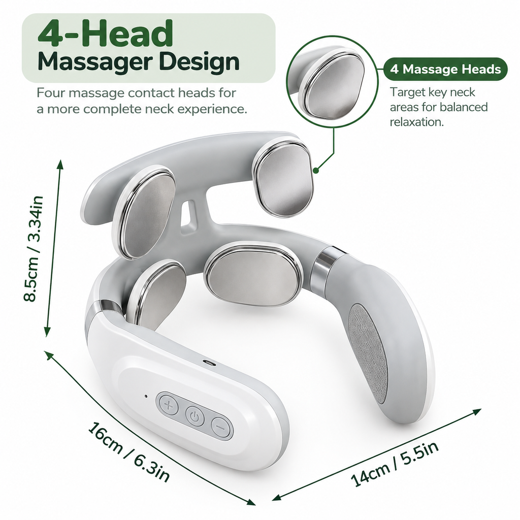 4-Head Heated Neck and Shoulder Massager – 3 Massage Modes, 16 Intensity Levels & USB Rechargeable