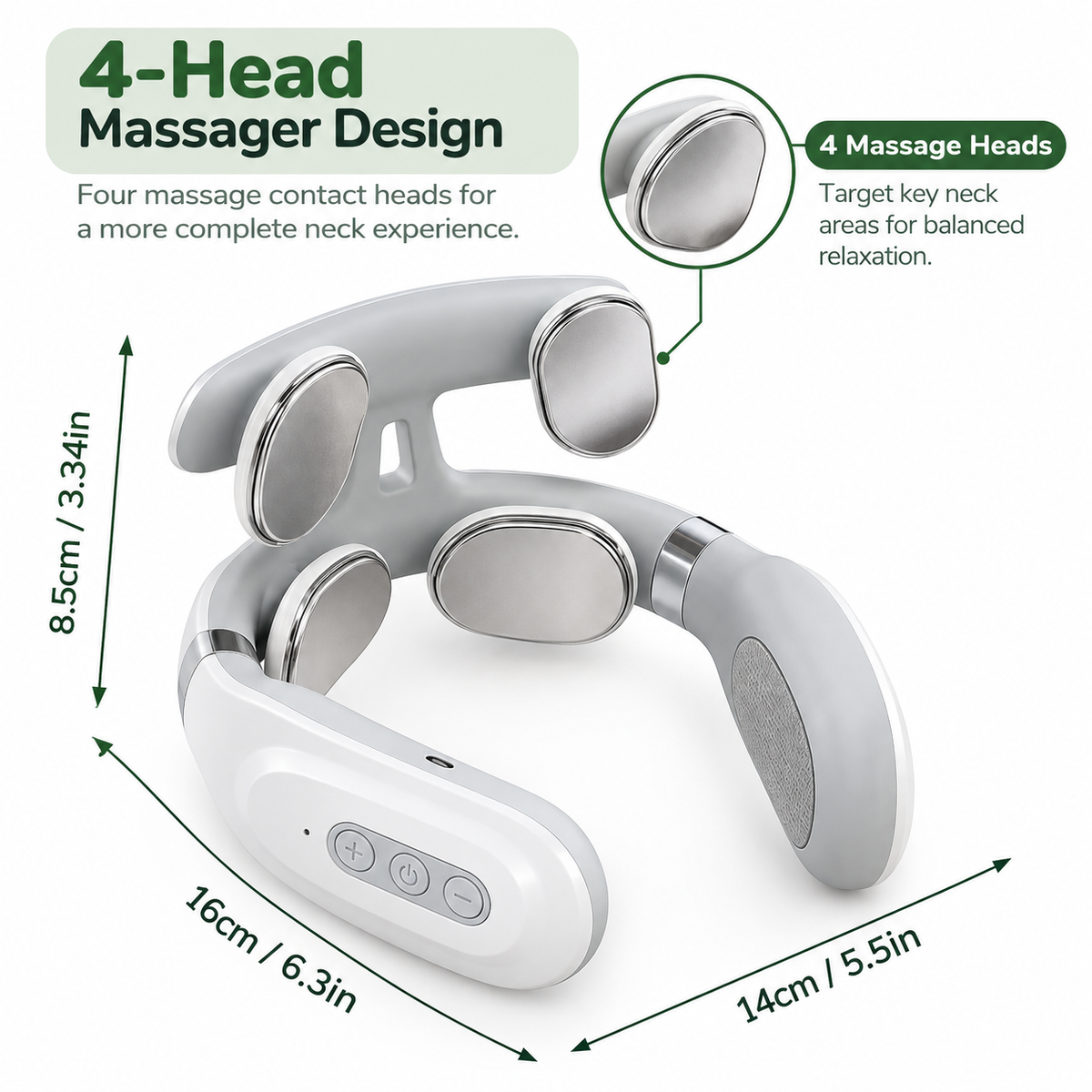 4-Head Heated Neck and Shoulder Massager – 3 Massage Modes, 16 Intensity Levels & USB Rechargeable