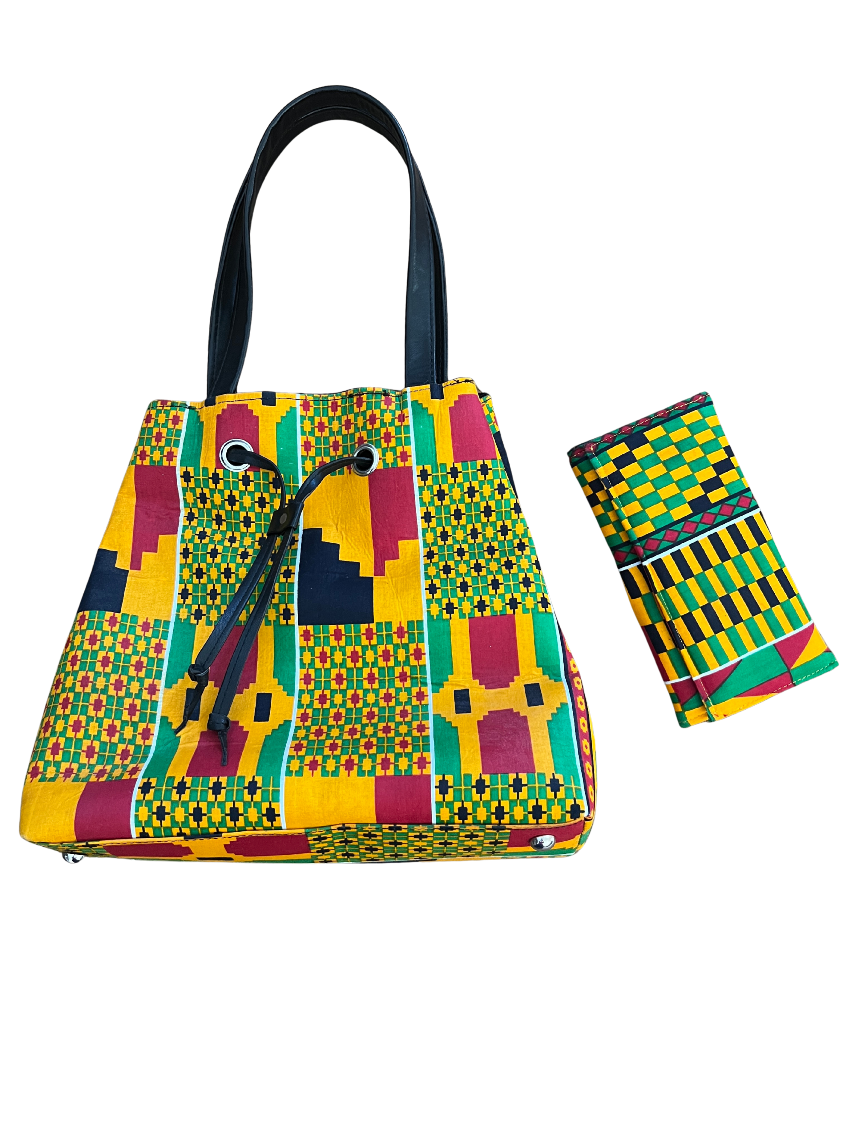 African Kente Print Bucket Shoulder Bag & Matching Wallet – Handmade Ankara Set