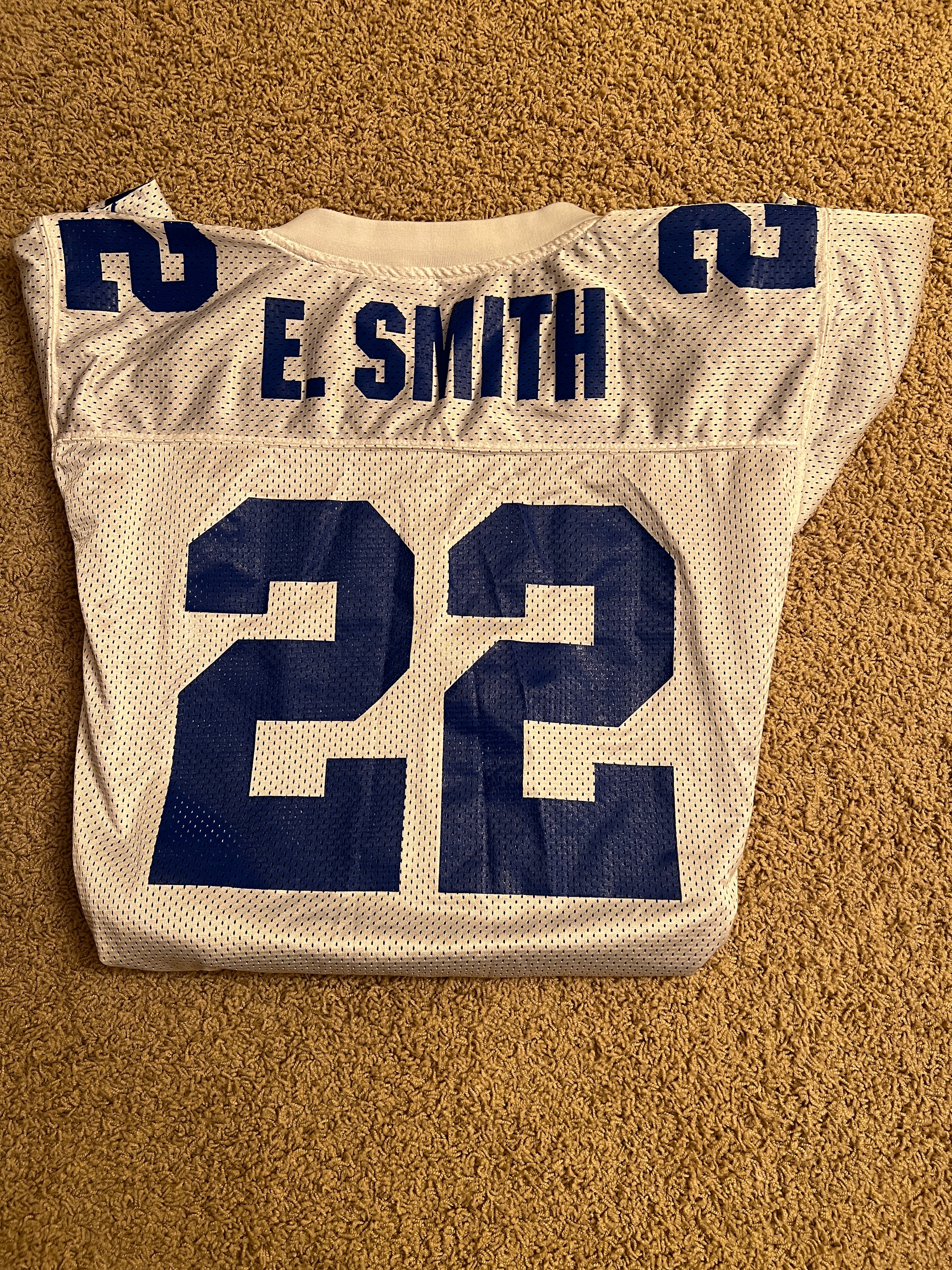 Iconic 90s Vintage Dallas Cowboys Emmitt Smith #22 Starter Jersey - White/Blue Mesh (Size 48/L)