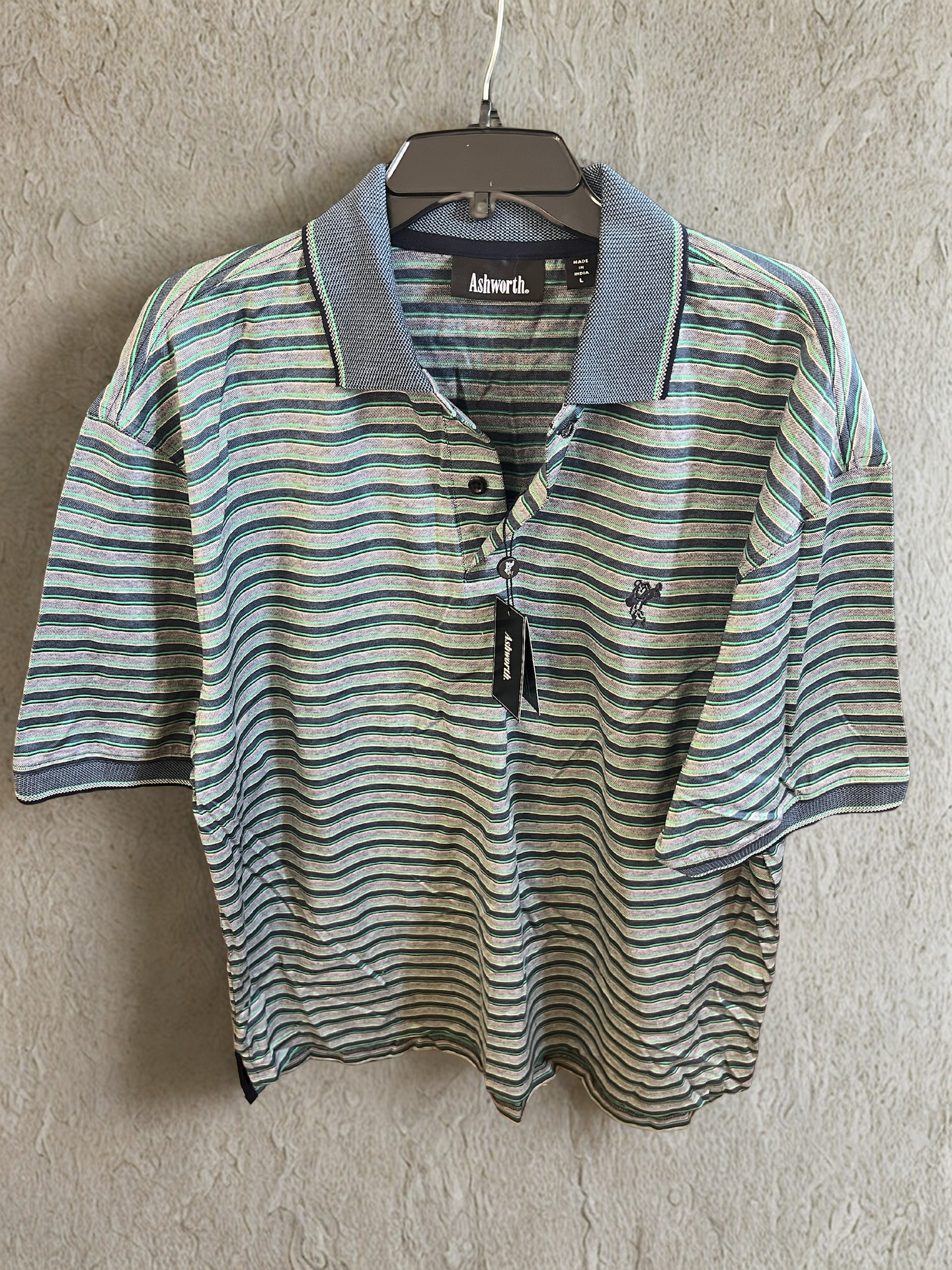 Ashworth NWT Vintage Signature Striped Polo | Double Mercerized Cotton | Blue, Green & White (Men's Large)