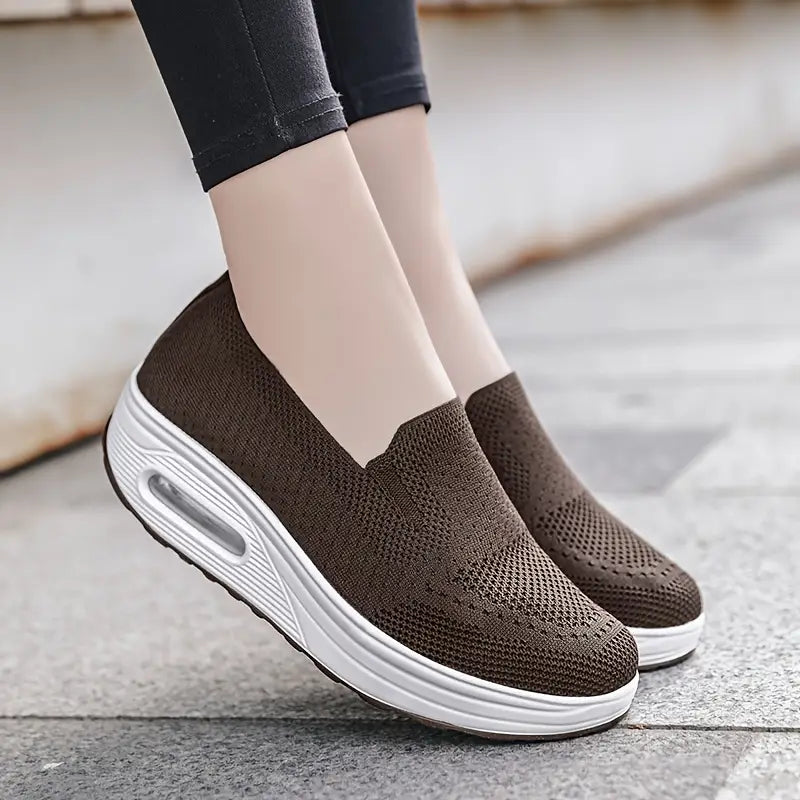 Women’s Walking Shoes - Mesh Air Cushion Slip-On Platform Wedge Rocker Shoes, Brown, Size 9.5