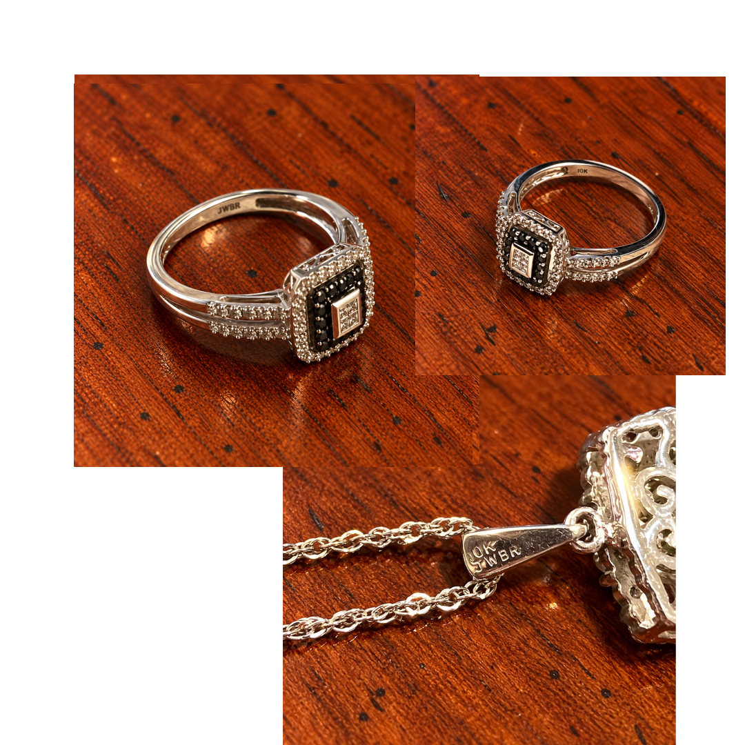 10K White Gold JWBR Black & White Diamond Ring & Necklace Set
