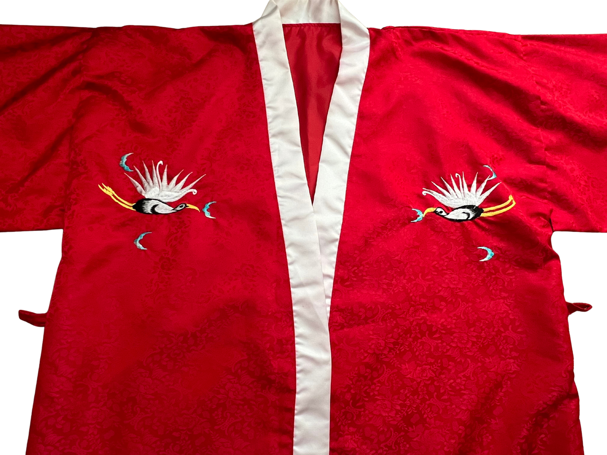 Vintage Red Embroidered Crane Kimono Robe, Crimson Floral Jacquard Satin Robe, Full Length Asian Inspired Dressing Gown