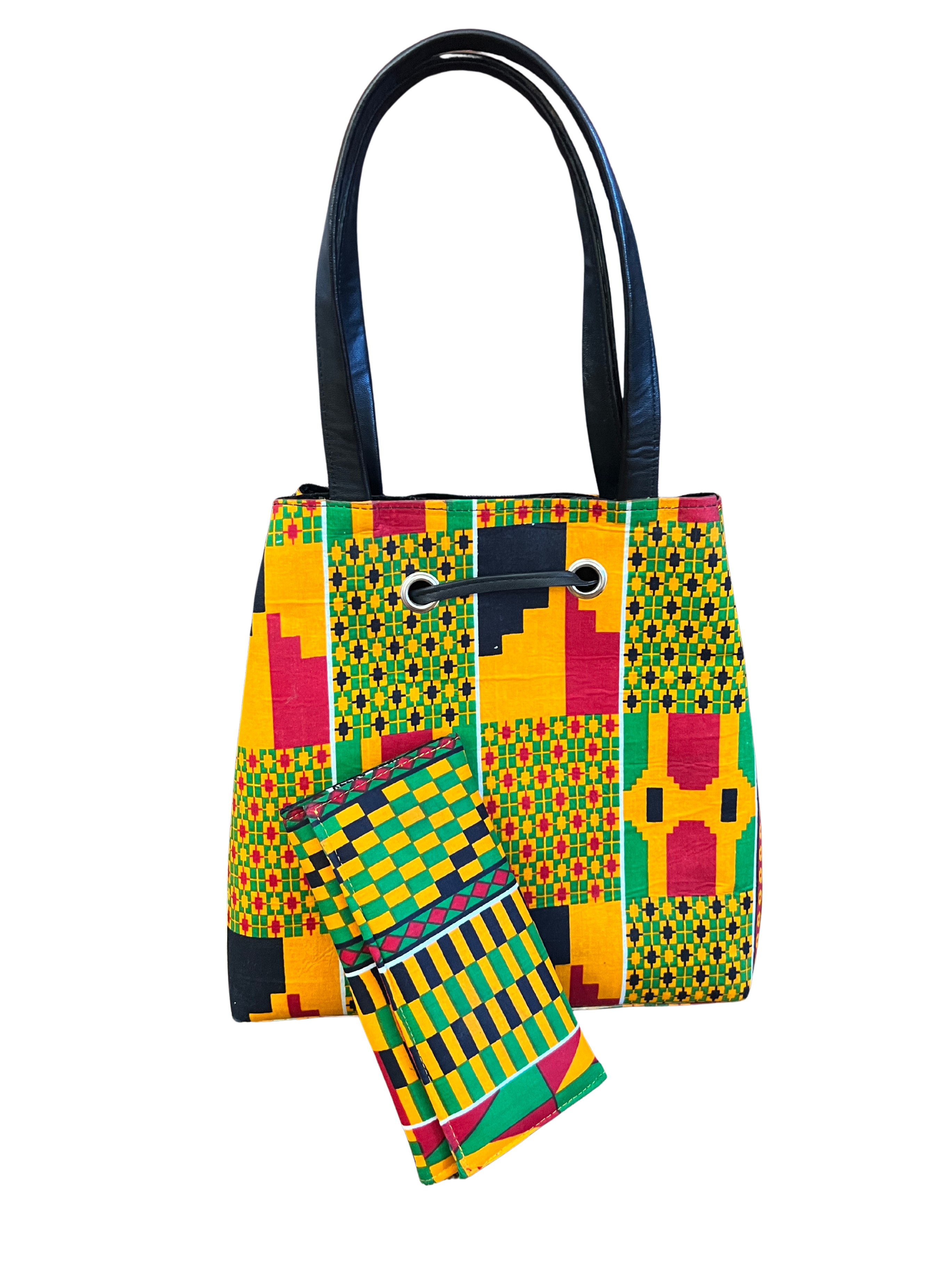 African Kente Print Bucket Shoulder Bag & Matching Wallet – Handmade Ankara Set