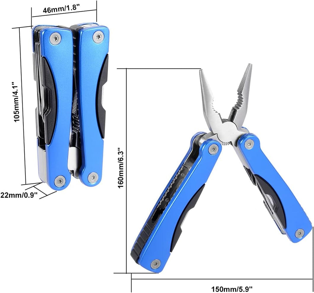 12-in-1 Compact Multi-Tool Pliers | Blue Aluminum Handle | Stainless Steel Survival EDC
