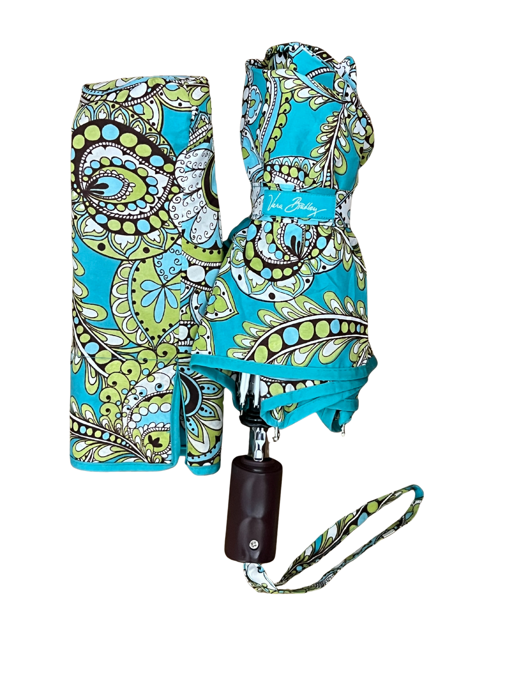 Vera Bradley Umbrella Auto Open Peacock Pattern Teal Blue Lime Compact Rain 38"