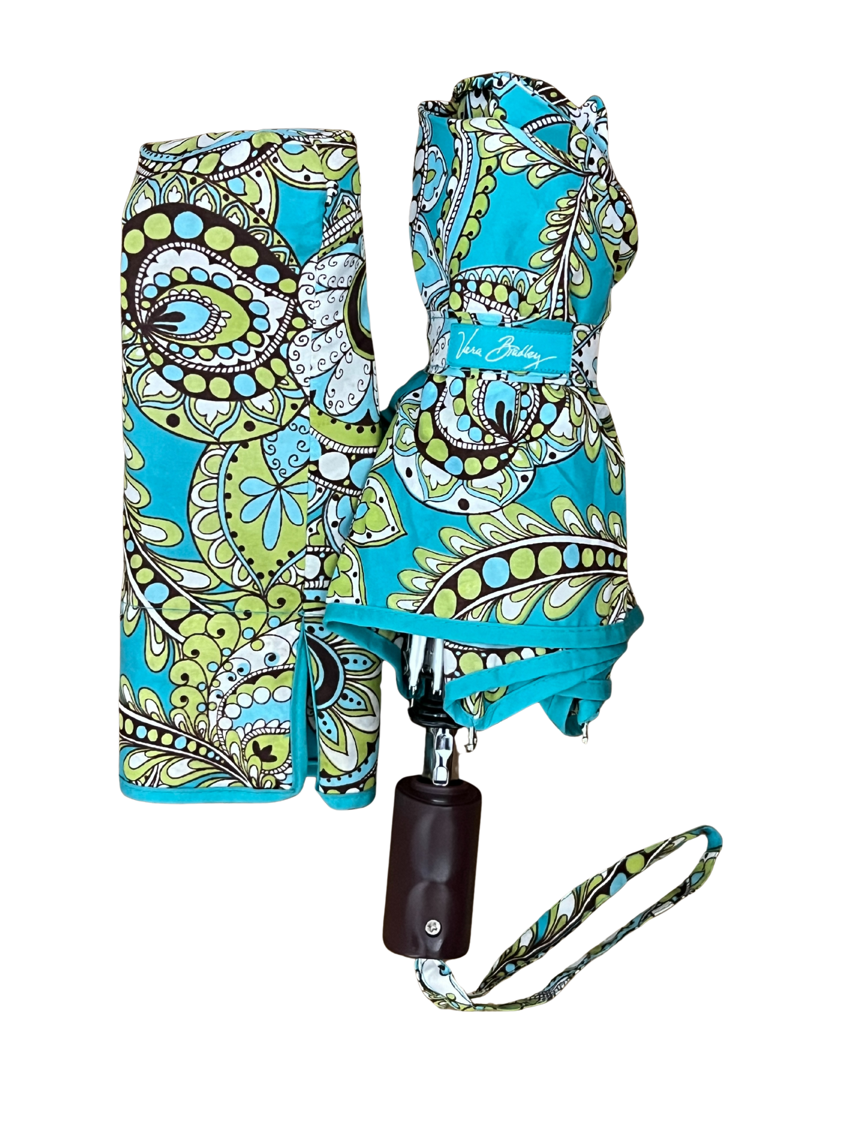 Vera Bradley Umbrella Auto Open Peacock Pattern Teal Blue Lime Compact Rain 38"