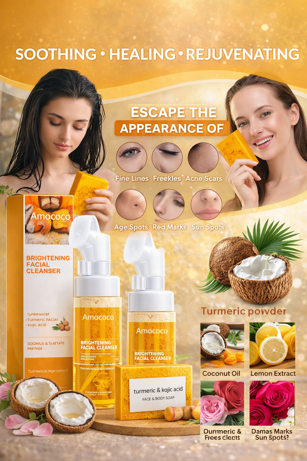 Ultimate 3-Piece Turmeric & Kojic Acid Skincare Bundle - 2 Brightening Facial Cleansers + 1 Face & Body Soap