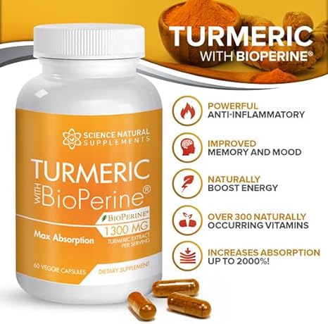 Turmeric Capsules with Curcumin and Bioperine Black Pepper Extract - 60 Veggie Caps – Anti-Inflammatory for Joint Health with 95% Curcuminoids  - Max Absorption Formula
