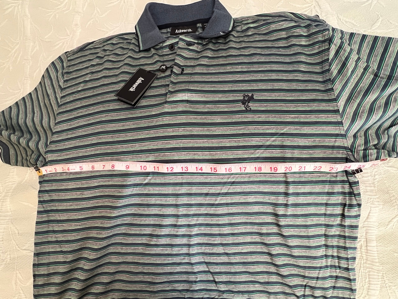 Ashworth NWT Vintage Signature Striped Polo | Double Mercerized Cotton | Blue, Green & White (Men's Large)