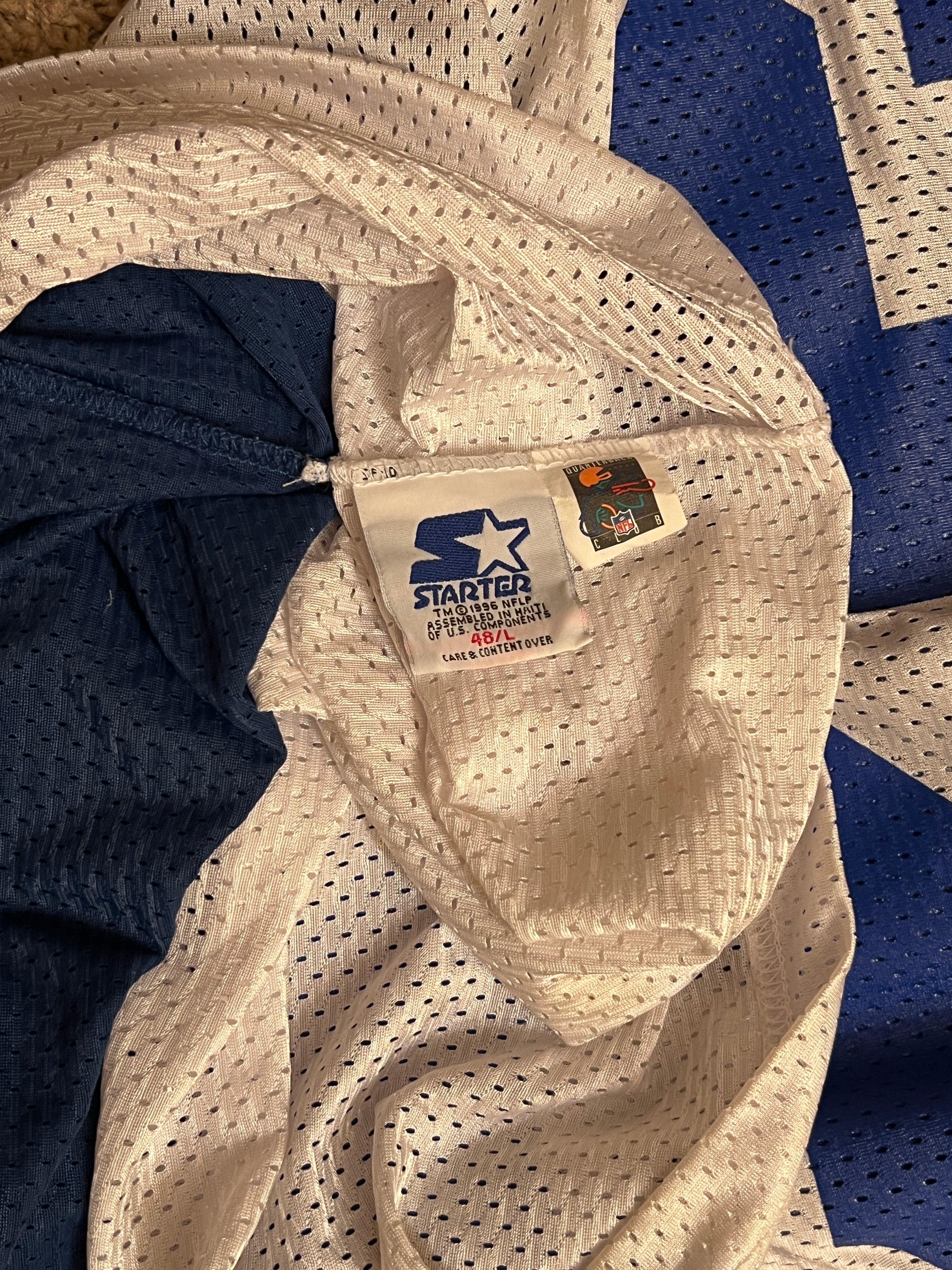 Iconic 90s Vintage Dallas Cowboys Emmitt Smith #22 Starter Jersey - White/Blue Mesh (Size 48/L)