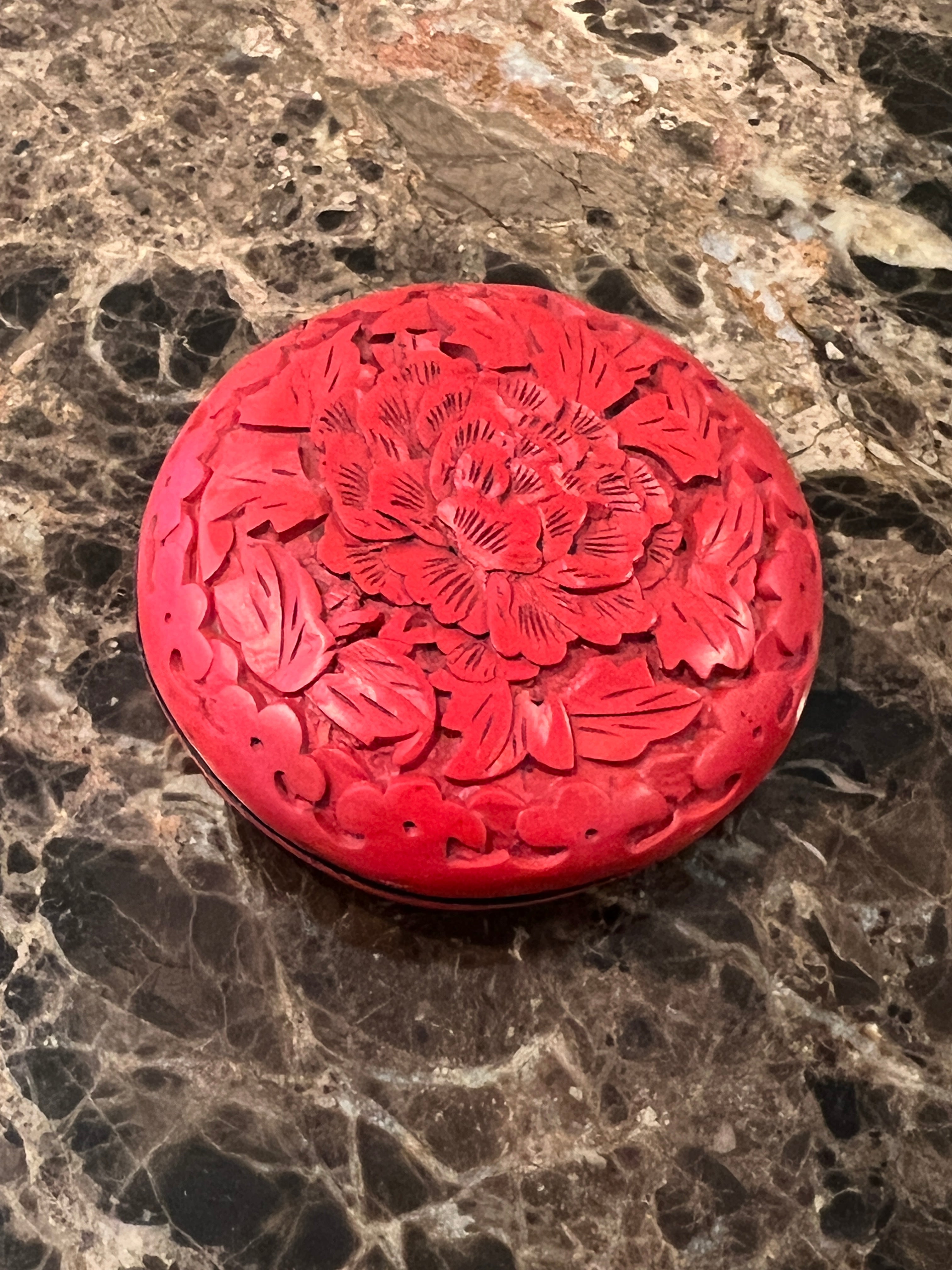 Vintage Chinese Hand-Carved Round Cinnabar Lacquer Trinket Box: Peony of Prosperity