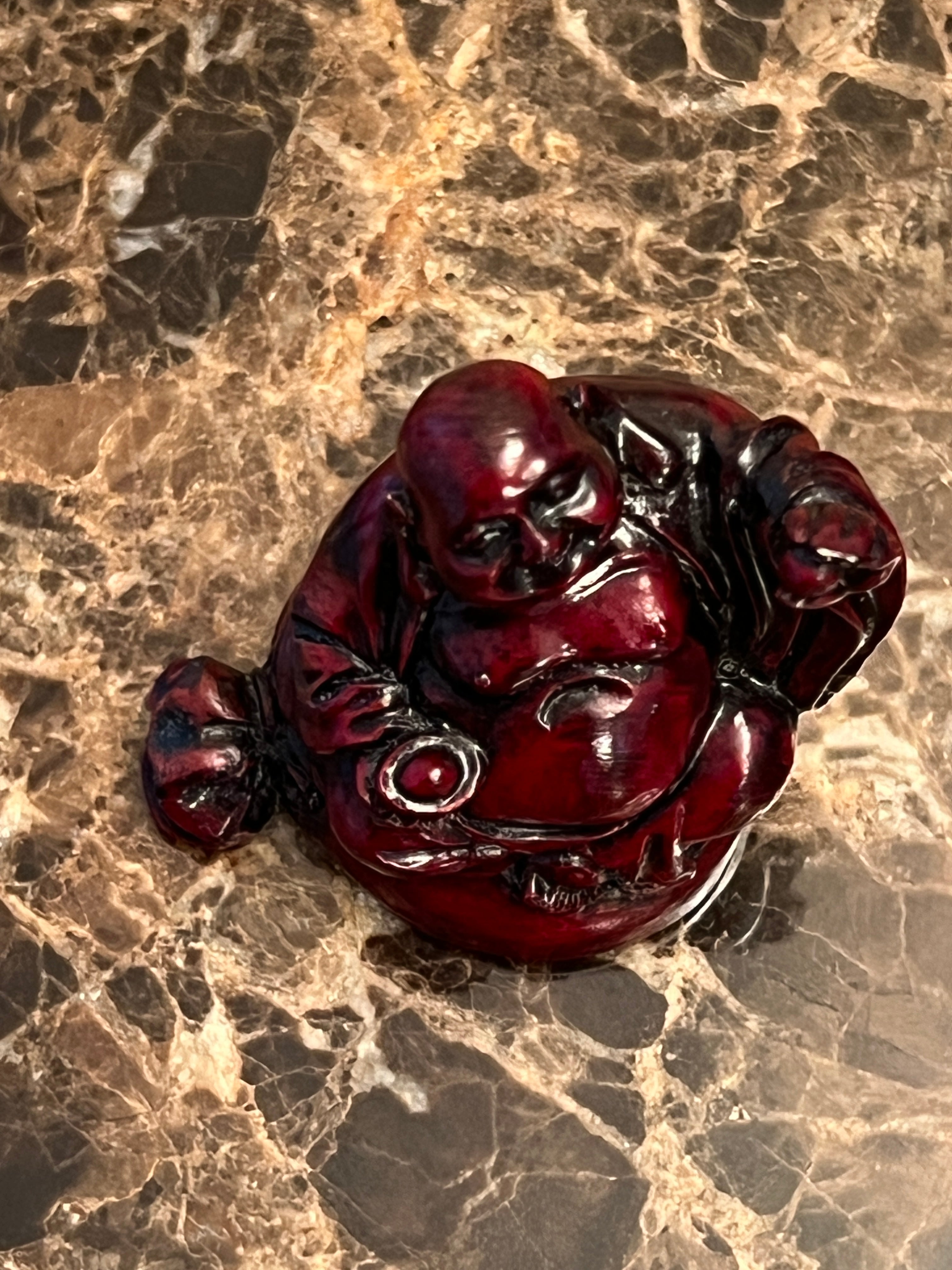 Vtg Red Resin Laughing Buddha Statue Miniature Laughing Hotei Feng Shui, 2"