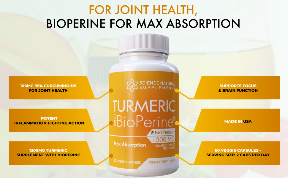 Turmeric Capsules with Curcumin and Bioperine Black Pepper Extract - 60 Veggie Caps – Anti-Inflammatory for Joint Health with 95% Curcuminoids  - Max Absorption Formula