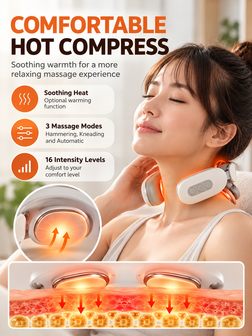 4-Head Heated Neck and Shoulder Massager – 3 Massage Modes, 16 Intensity Levels & USB Rechargeable