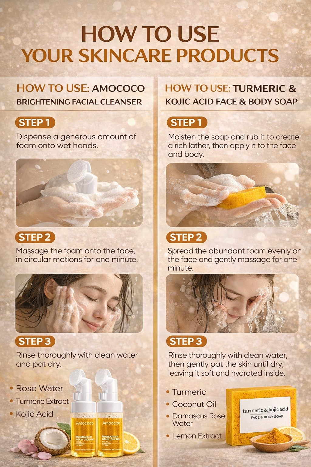 Ultimate 3-Piece Turmeric & Kojic Acid Skincare Bundle - 2 Brightening Facial Cleansers + 1 Face & Body Soap