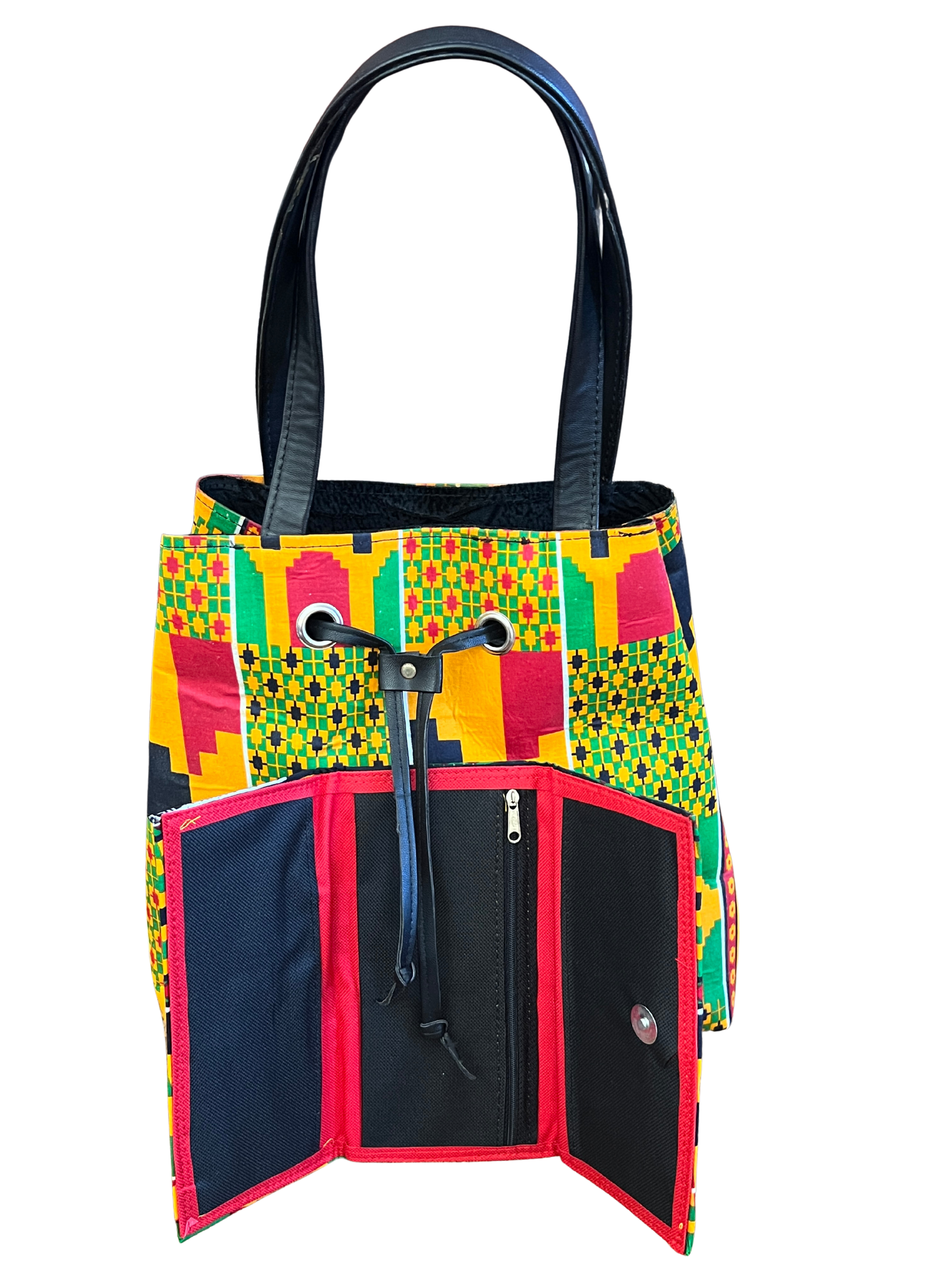 African Kente Print Bucket Shoulder Bag & Matching Wallet – Handmade Ankara Set