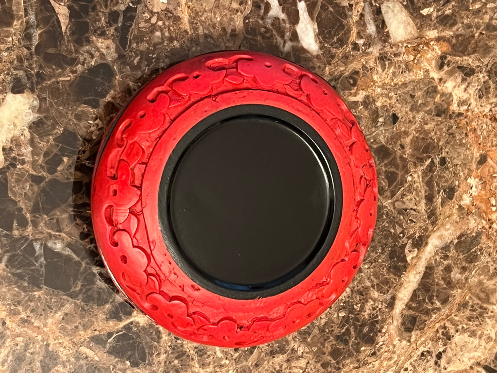 Vintage Chinese Hand-Carved Round Cinnabar Lacquer Trinket Box: Peony of Prosperity