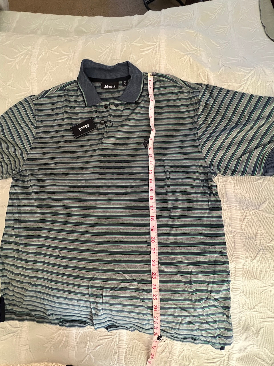 Ashworth NWT Vintage Signature Striped Polo | Double Mercerized Cotton | Blue, Green & White (Men's Large)