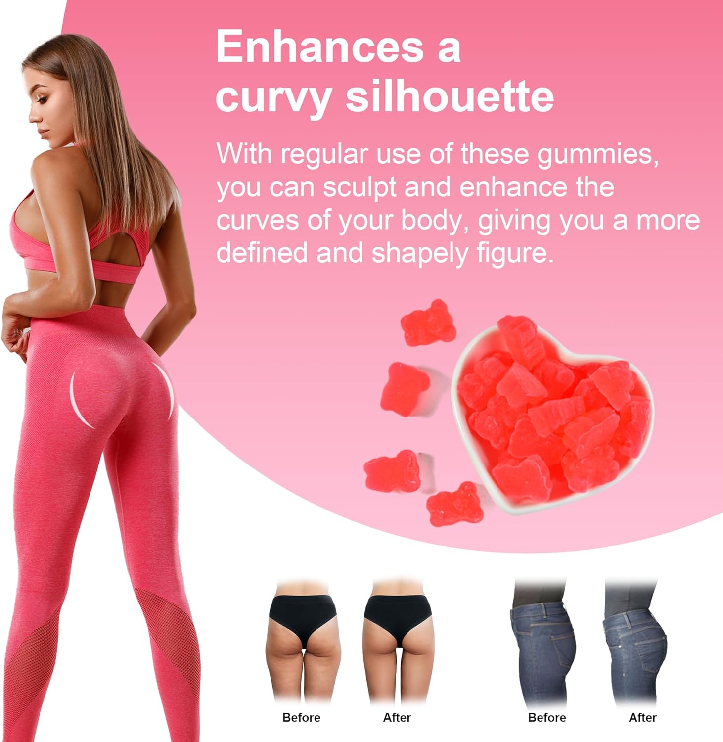 Hip Butt Gummies BBL Gummies Butt Lift Gummies for Women, with Vitamins A, B-6, C and E – 60 Count