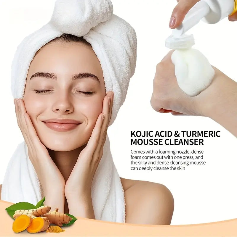 Turmeric Brightening Mousse Facial Cleanser with Kojic Acid & Niacinamide - 2-Pack Deep Cleansing Formula with Silicone Massage Head, 100ml Each