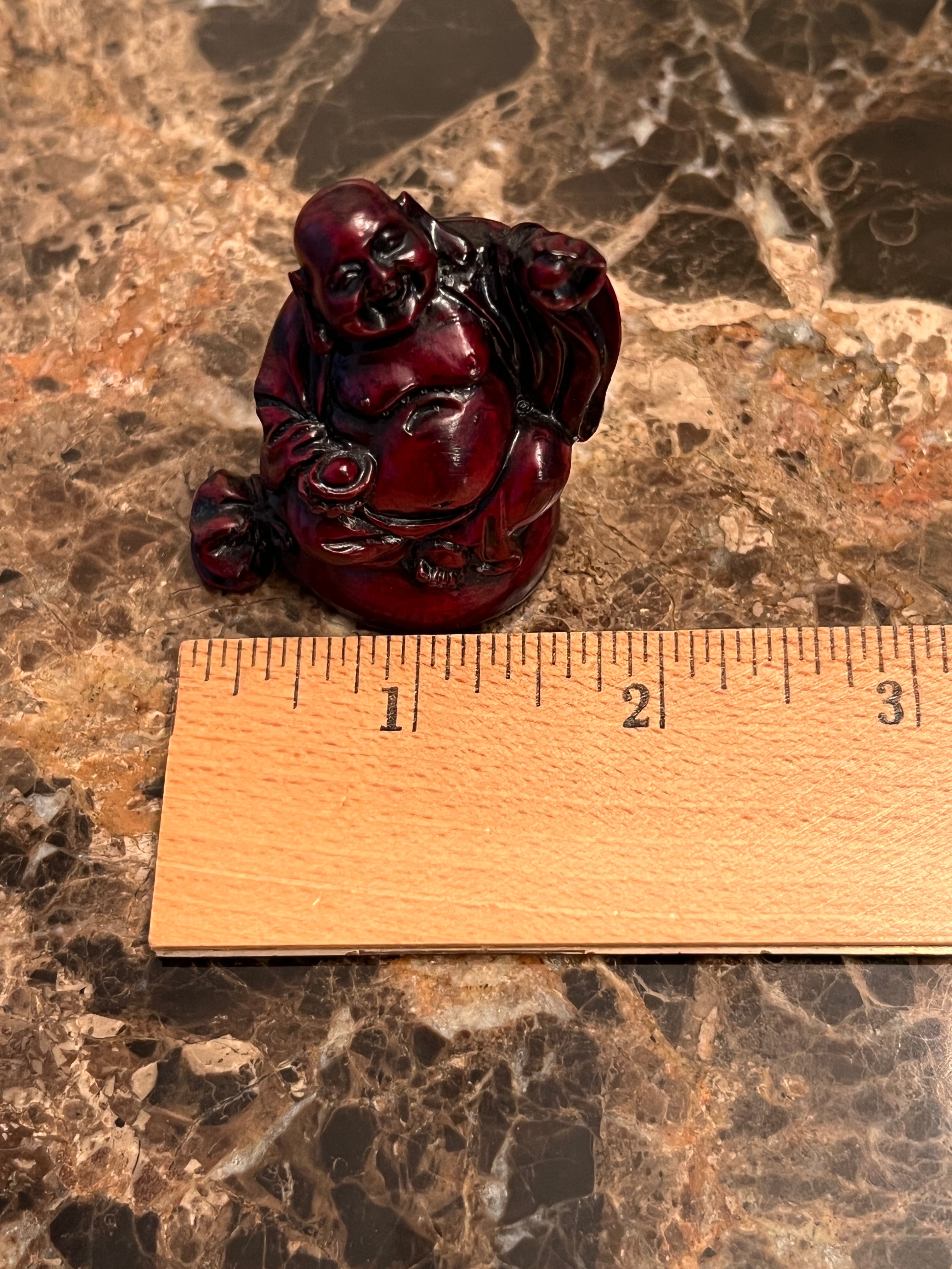 Vtg Red Resin Laughing Buddha Statue Miniature Laughing Hotei Feng Shui, 2"
