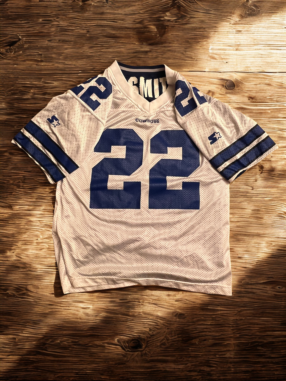 Iconic 90s Vintage Dallas Cowboys Emmitt Smith #22 Starter Jersey - White/Blue Mesh (Size 48/L)