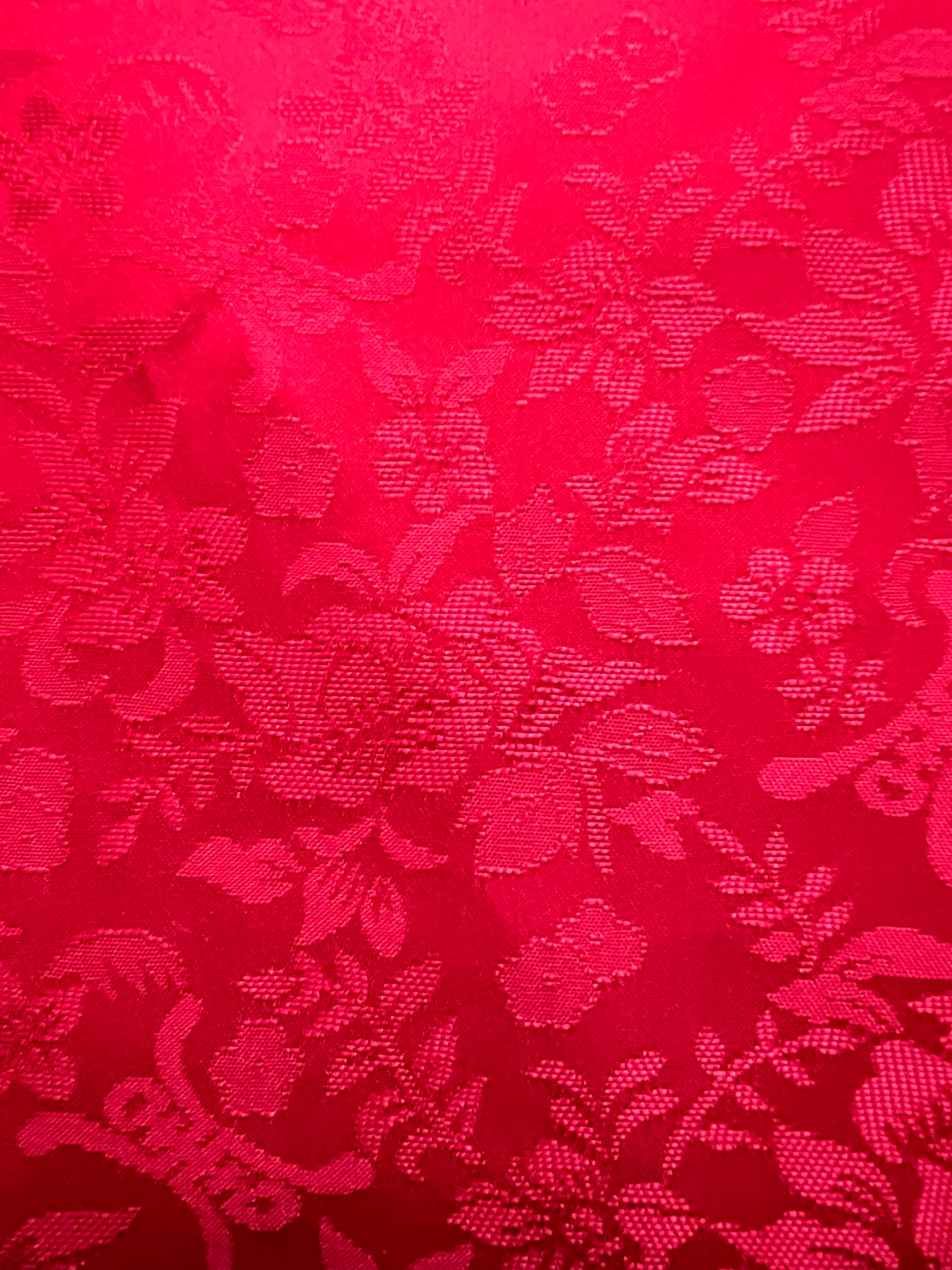 Vintage Red Embroidered Crane Kimono Robe, Crimson Floral Jacquard Satin Robe, Full Length Asian Inspired Dressing Gown