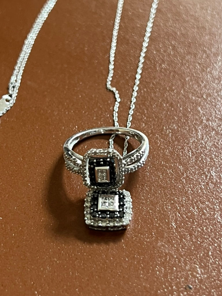 10K White Gold JWBR Black & White Diamond Ring & Necklace Set