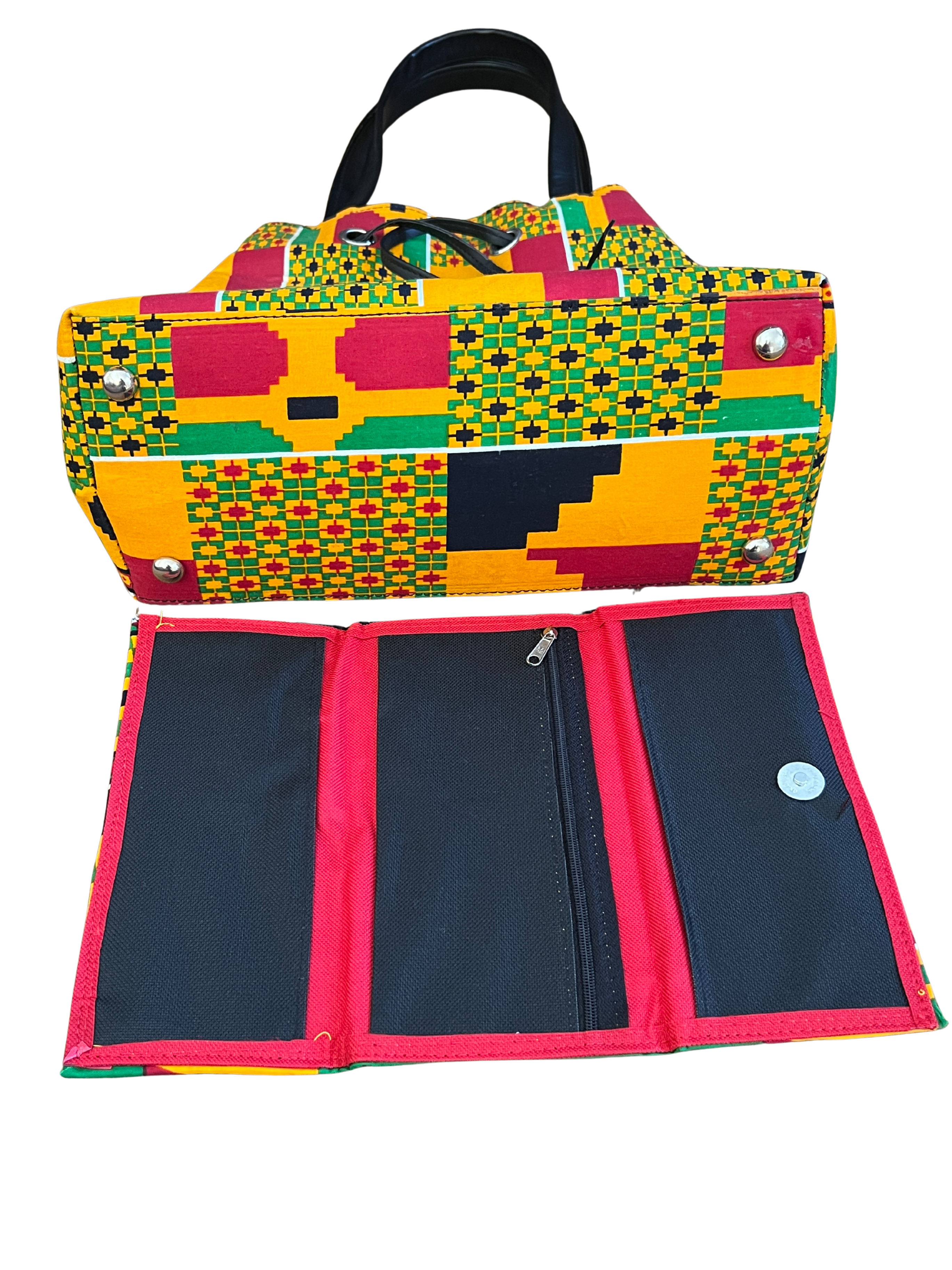 African Kente Print Bucket Shoulder Bag & Matching Wallet – Handmade Ankara Set