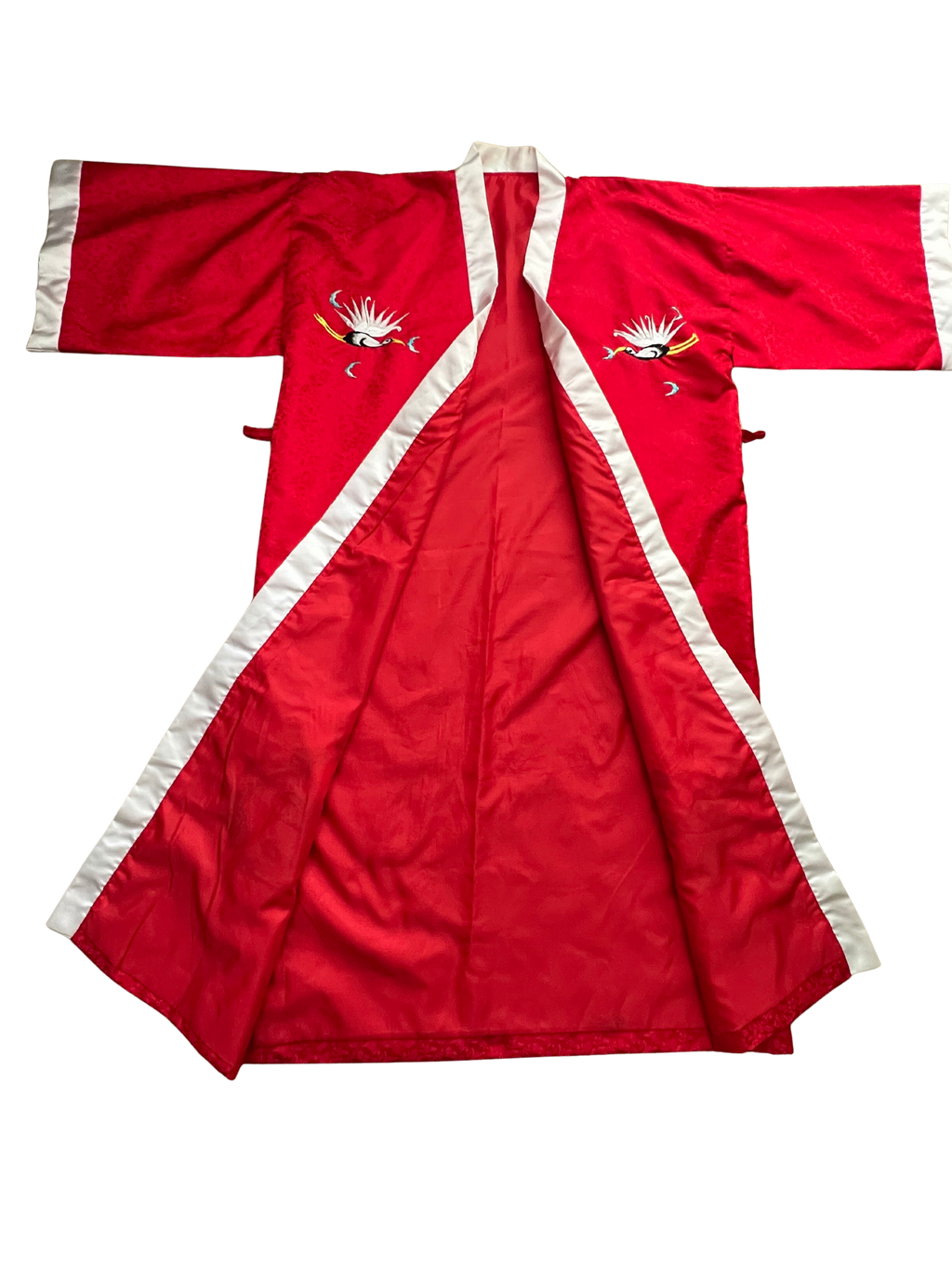 Vintage Red Embroidered Crane Kimono Robe, Crimson Floral Jacquard Satin Robe, Full Length Asian Inspired Dressing Gown