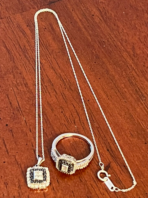 10K White Gold JWBR Black & White Diamond Ring & Necklace Set